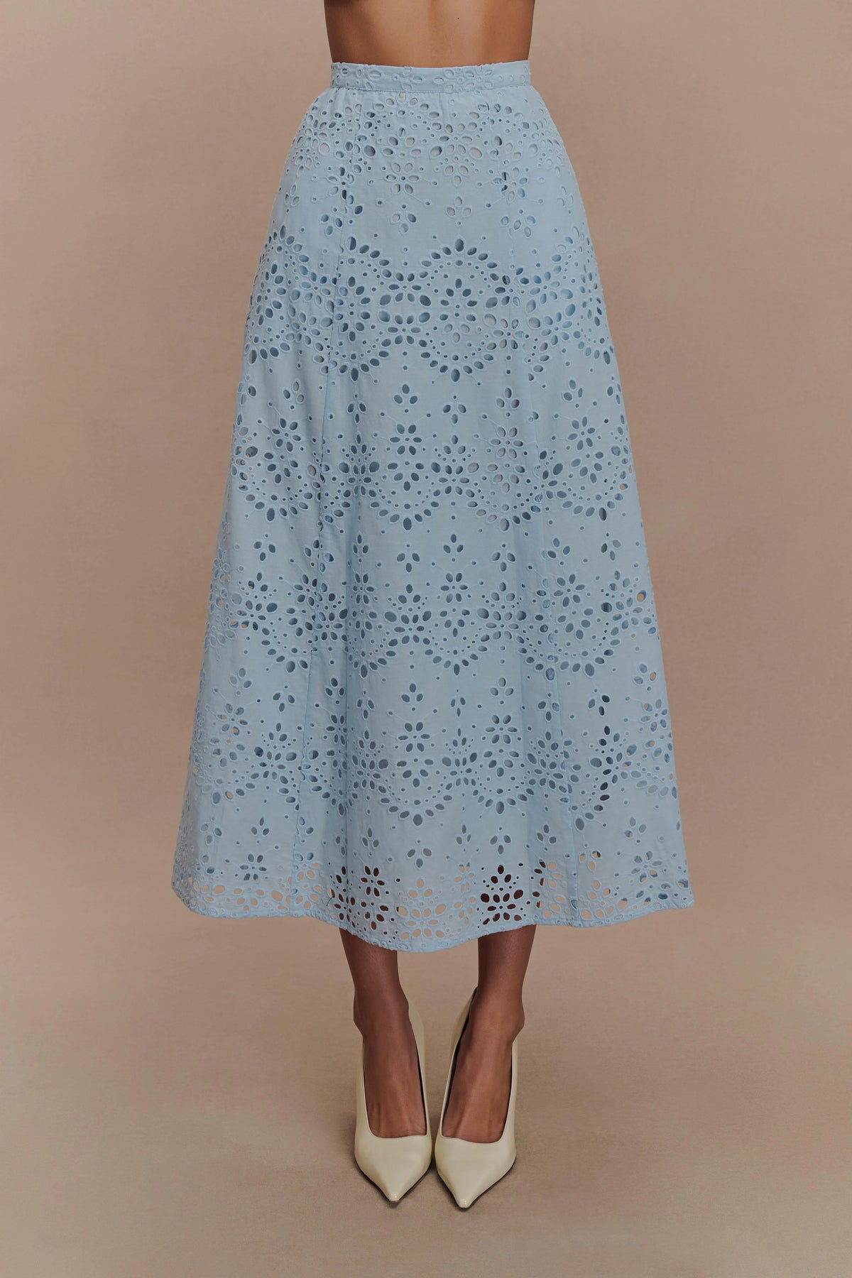 Arla Broderie Midi Skirt Pale Cornflower Blue