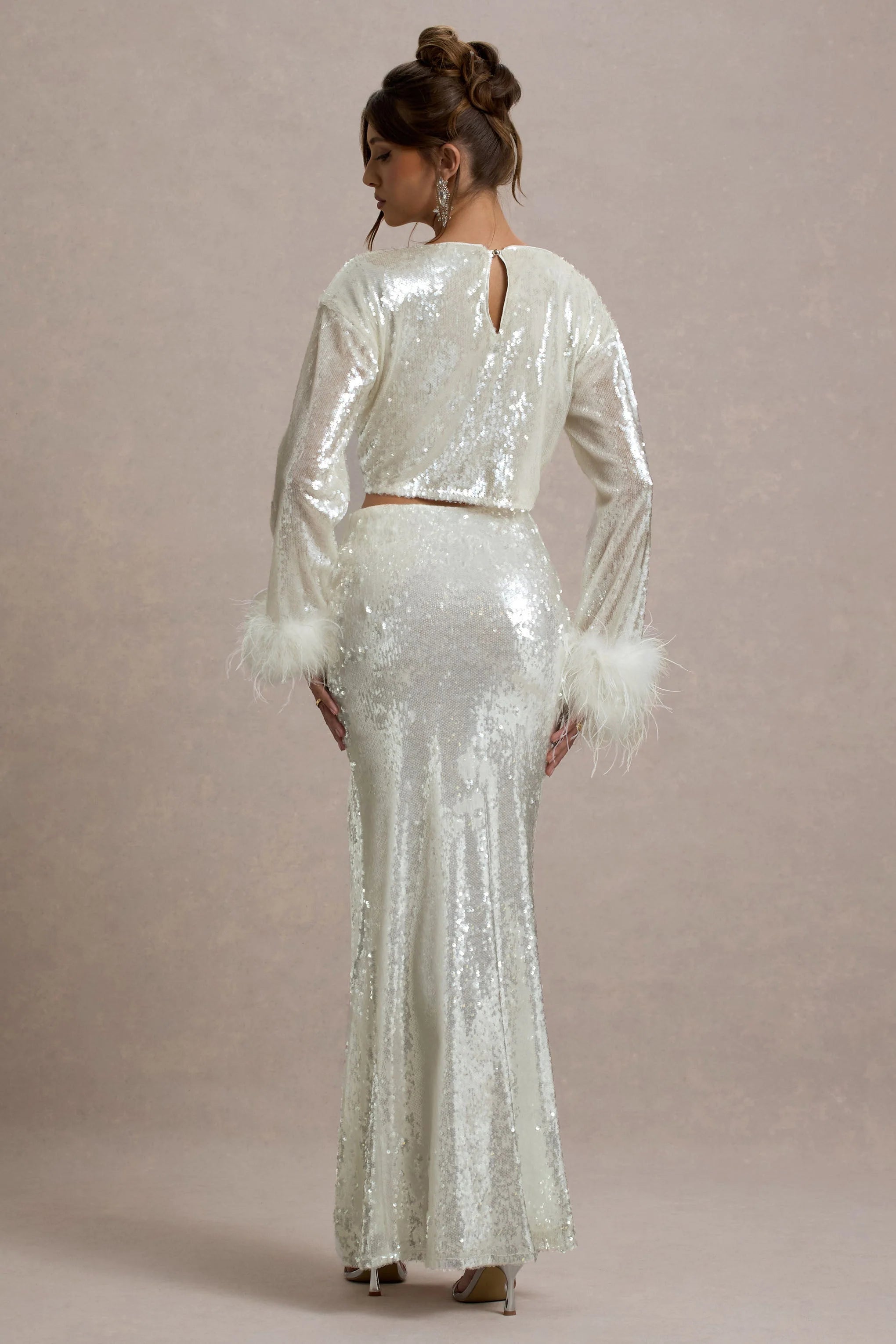 Solita Sand Sequin Long Sleeve Crop Top With Feather Trim