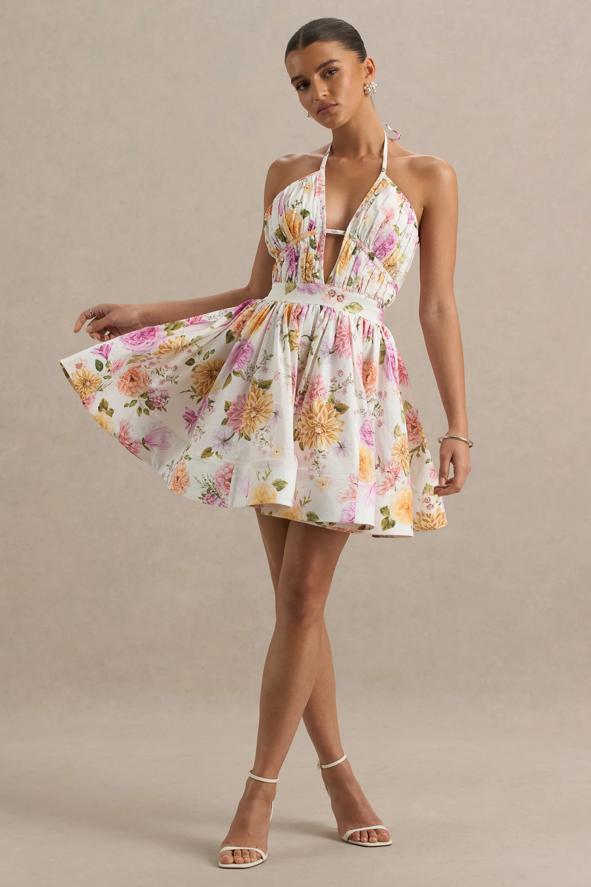 Kasey Cream Floral Print Halter Neck Mini Dress With Ruffle Detail