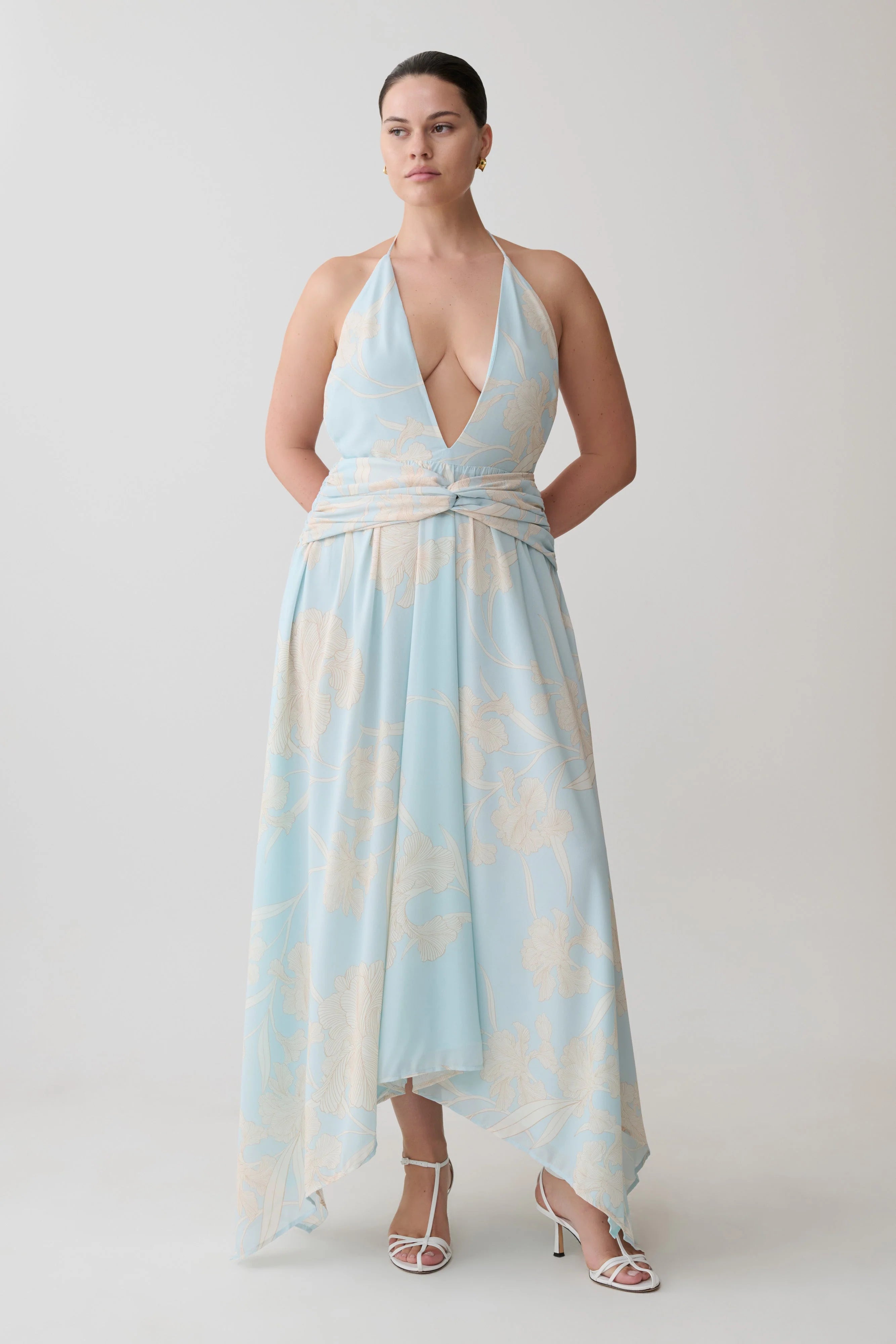 Cyra Plunge Chiffon Midi Dress Blue Floral Print