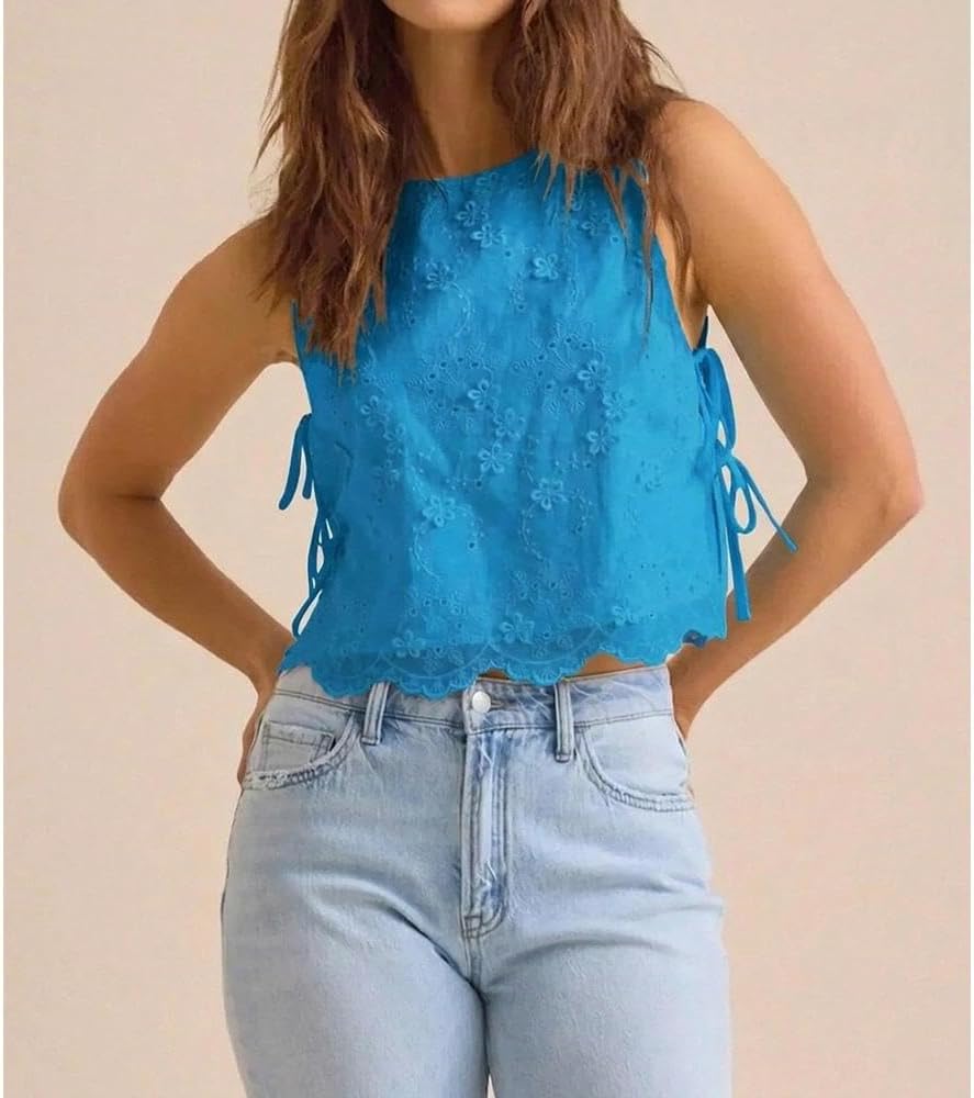 Women Eyelet Embroidered Tank Top Sleeveless Side Tie Summer Going Out Crop Top