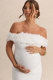 Inflorescence White Mesh Floral Bardot Maternity Maxi Dress
