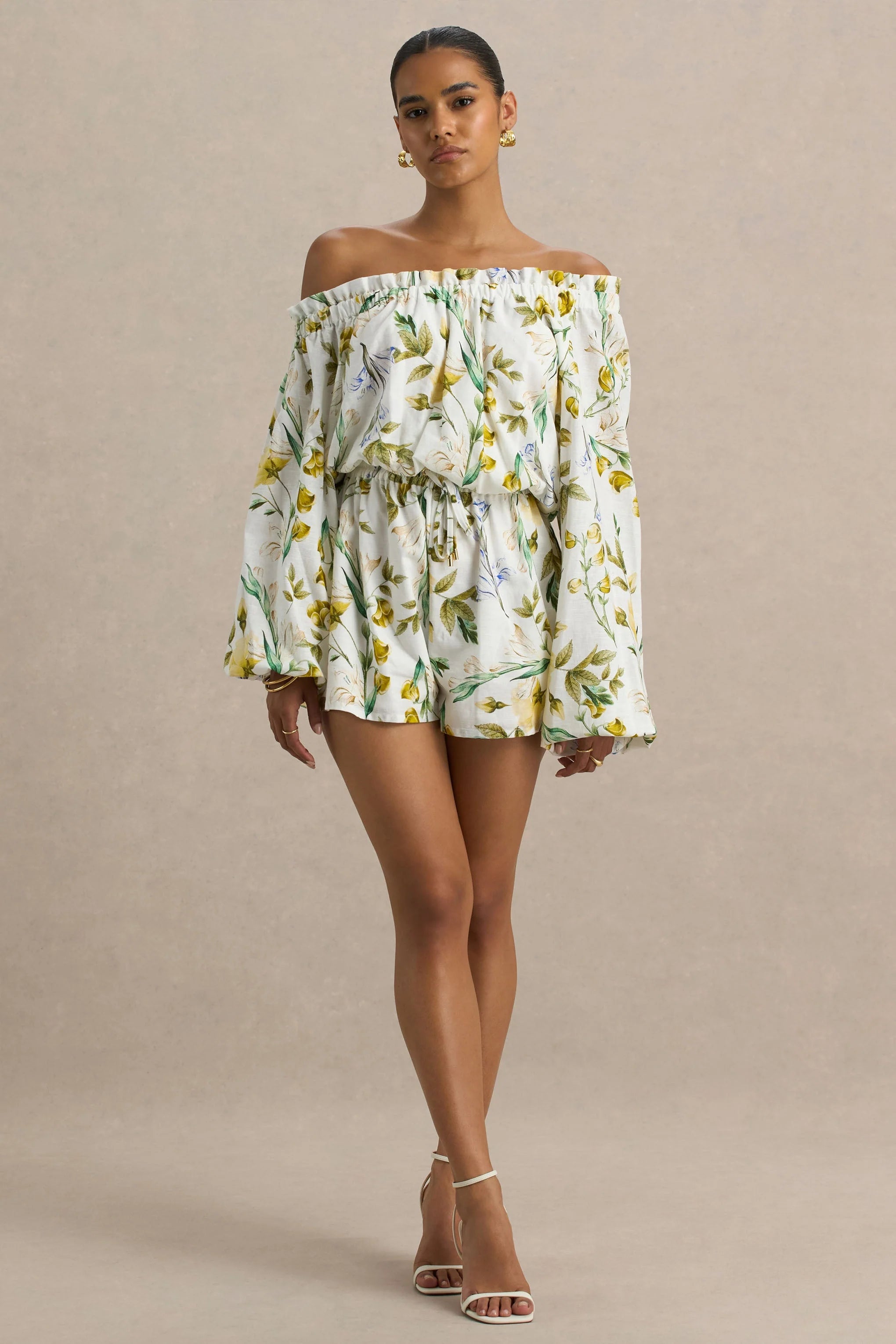 Waterfall Lemon Floral Print Asymmetric Long Sleeve Playsuit