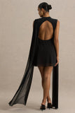 Riad Black Chiffon Mini Dress With Sheer Bodice Two Sleeve Cape