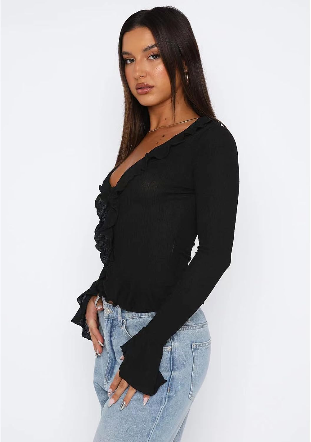Women Going Out Tops Ruffle Trim Button Front V Neck Flared Sleeve Shirt Y2k Crop Top