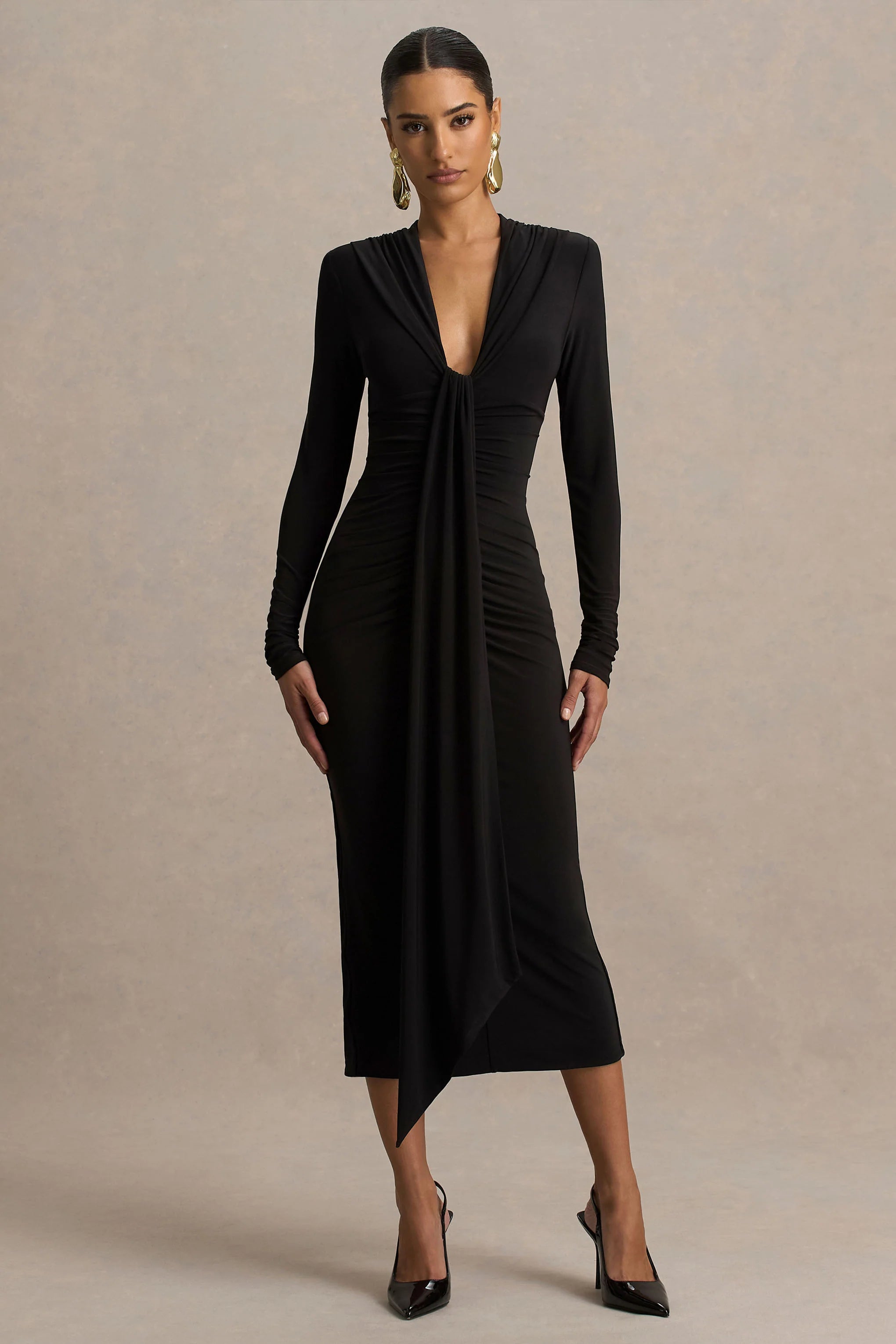 Ivara Black Plunge Neck Midi Dress With Ruched Detailing And Sash