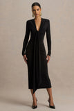 Ivara Black Plunge Neck Midi Dress With Ruched Detailing And Sash