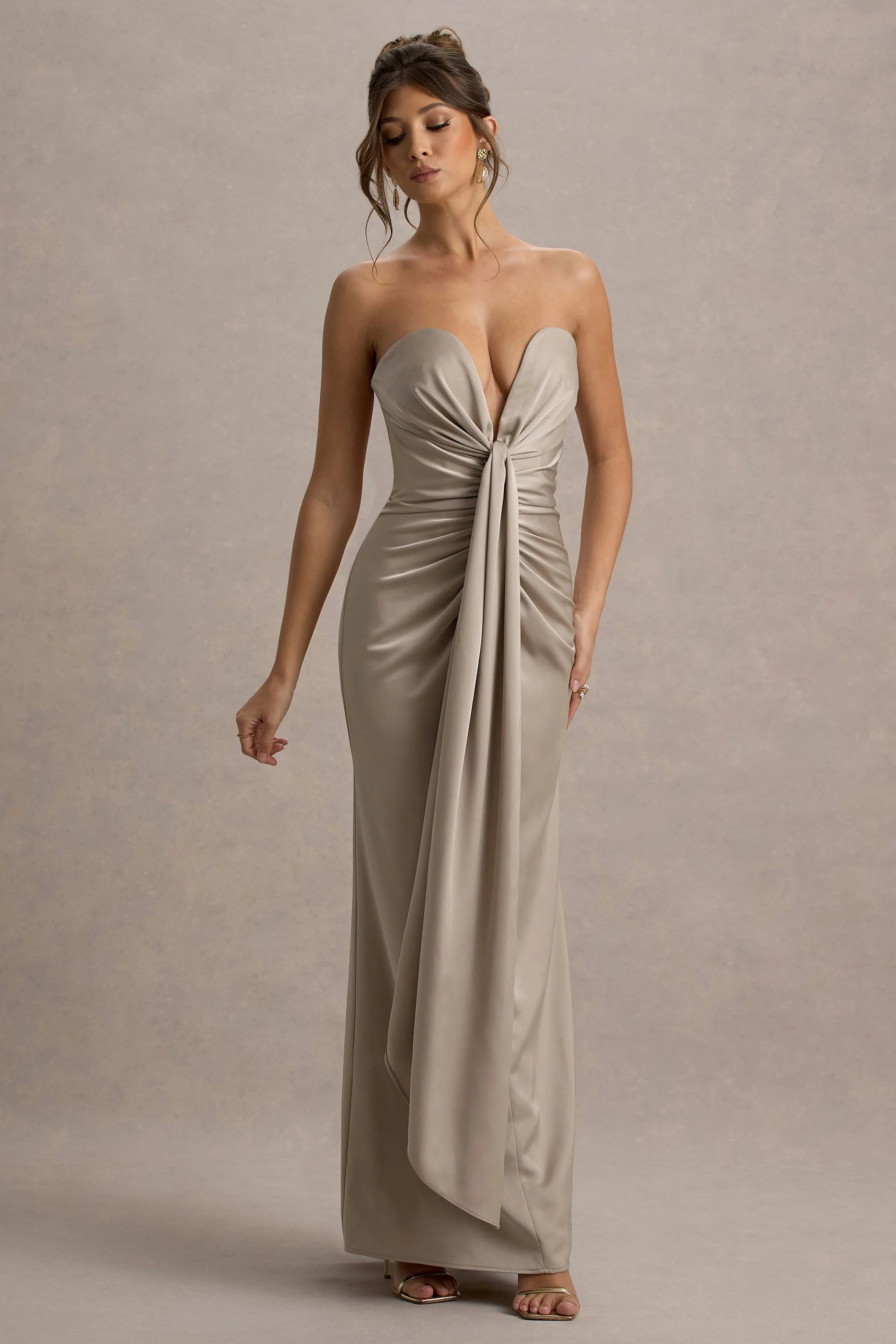 Mackenzie Champagne Satin Plunge Neck Draped Maxi Dress