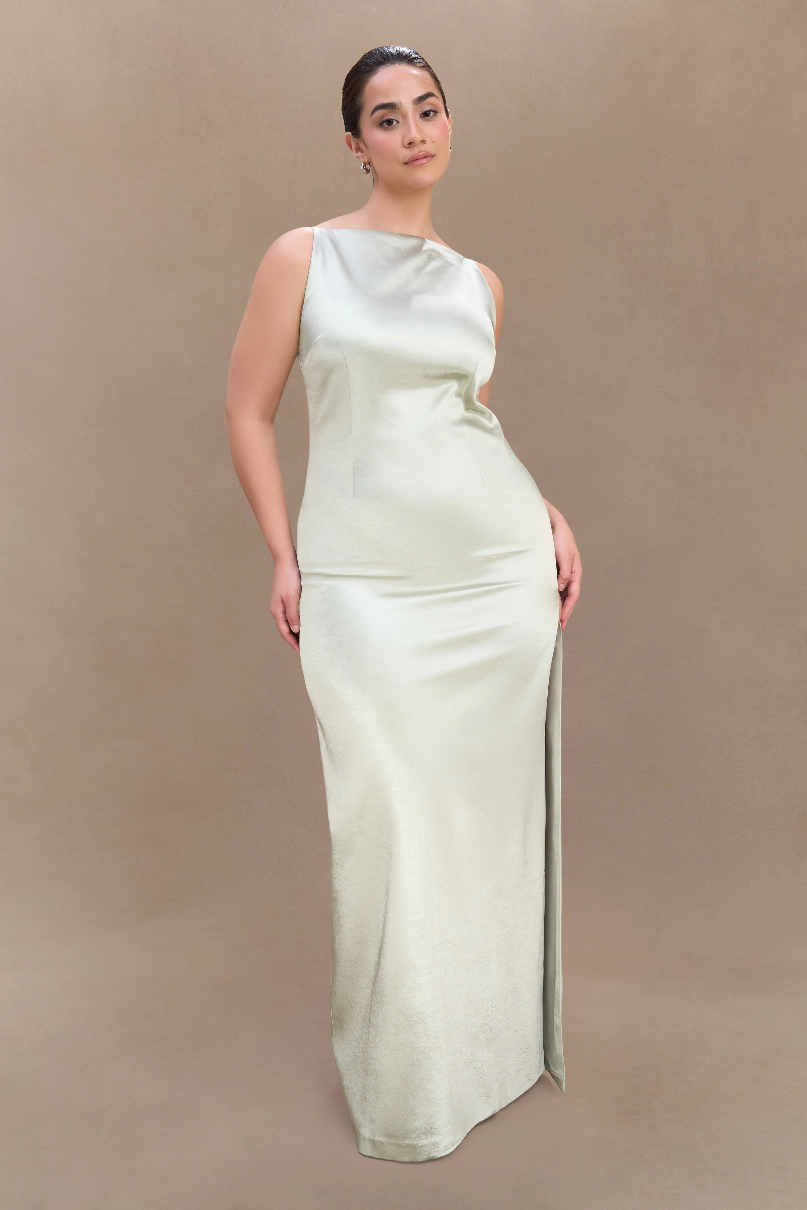 Violet Sleeveless Satin Maxi Dress Sage