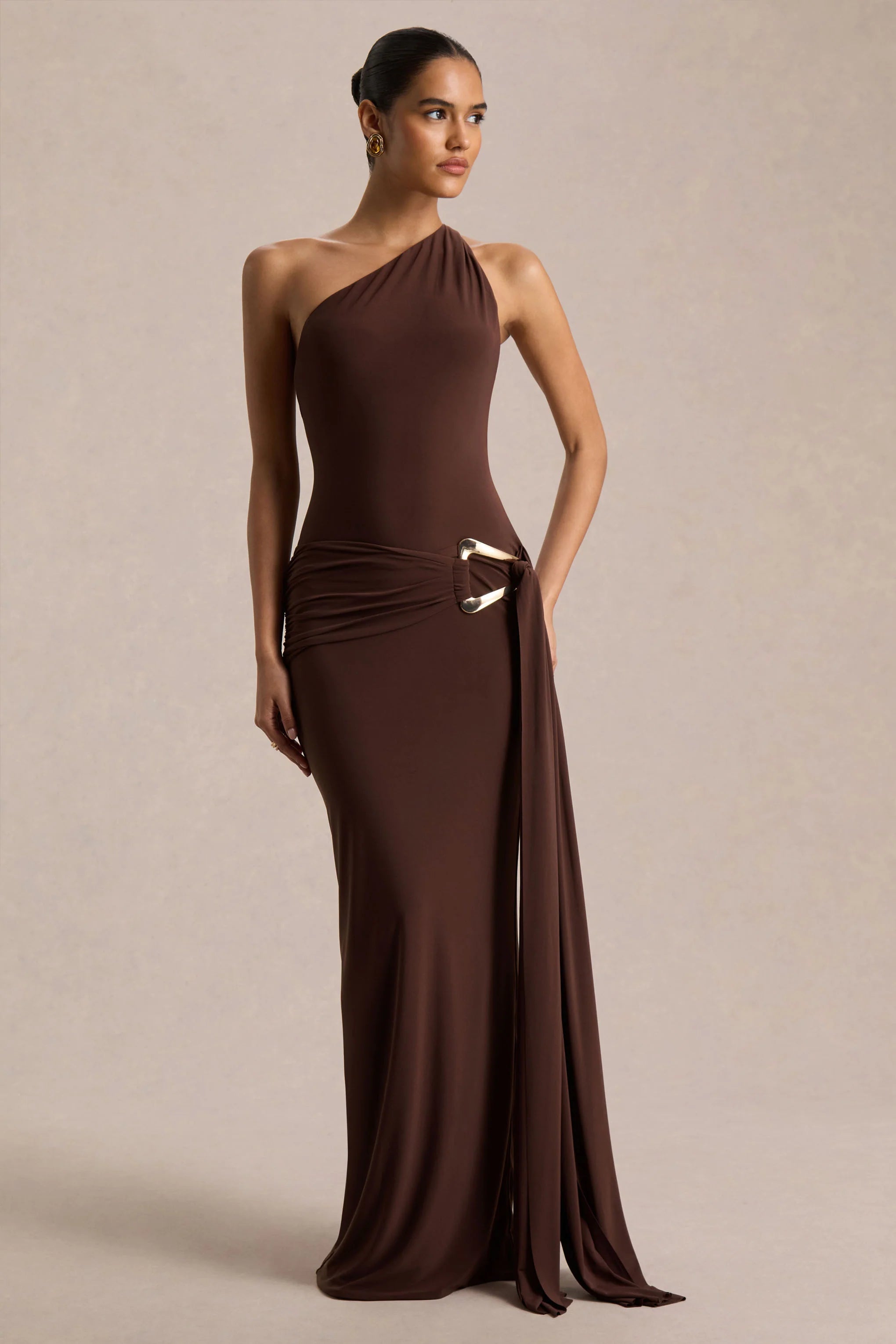 Bonnie Brown Asymmetric Neck Maxi Dress With Open Back