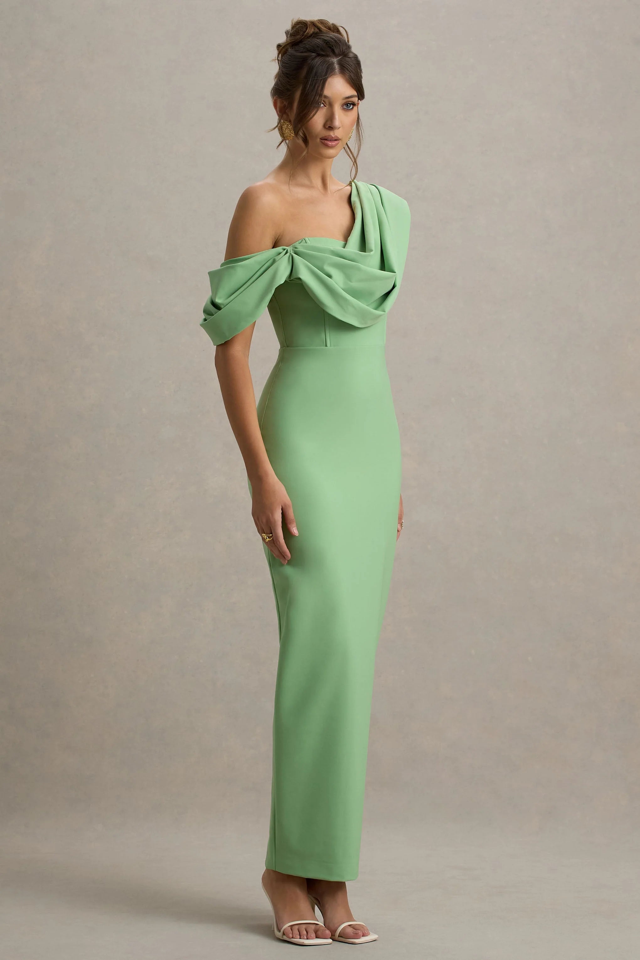 Angelina Green Draped Shoulder Maxi Dress