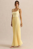 Danika Lemon Square Neck Belted Maxi Dress With Pleated Skirt