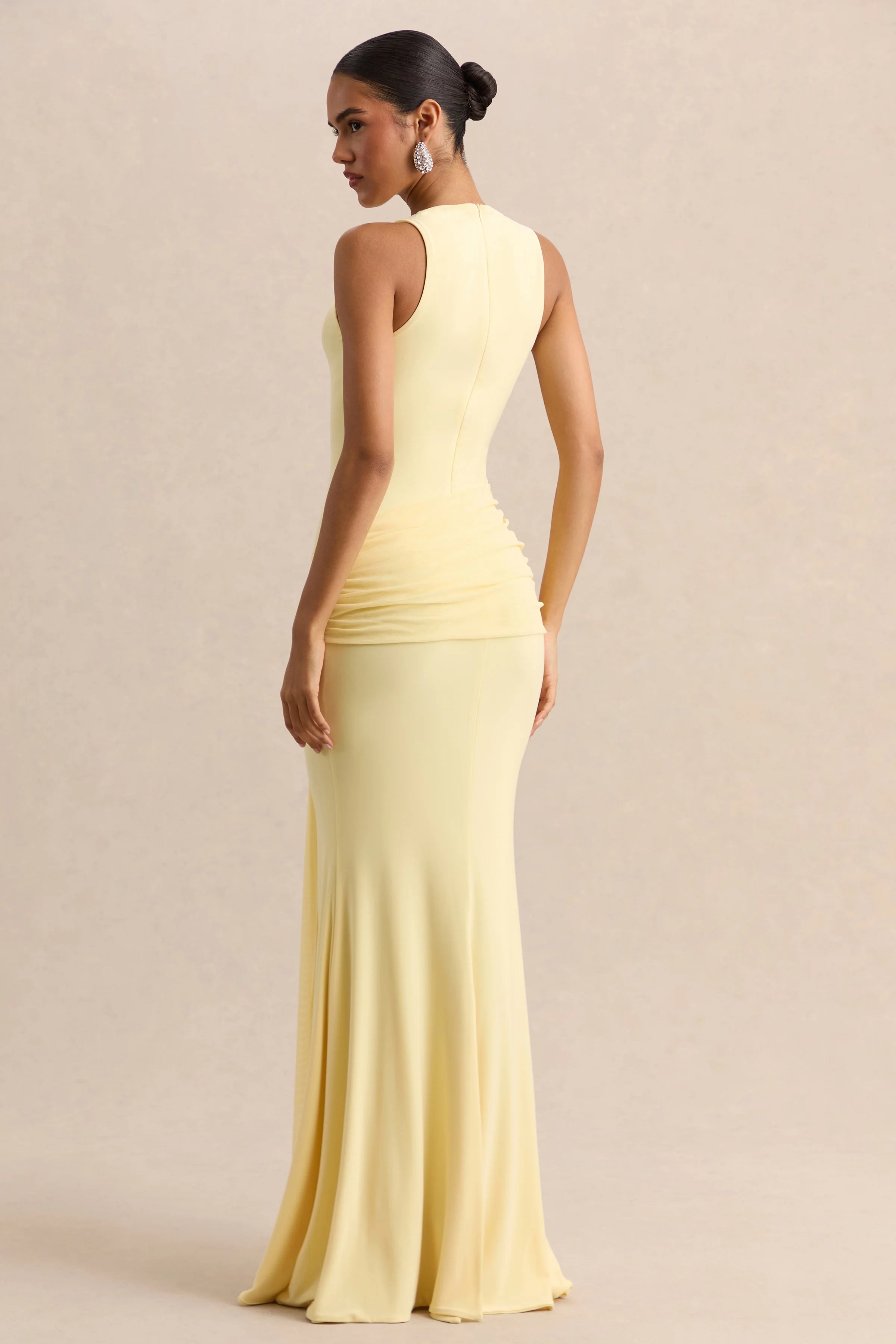 Mirene Lemon Round Neck Maxi Dress With Gathered Detailing And Sash