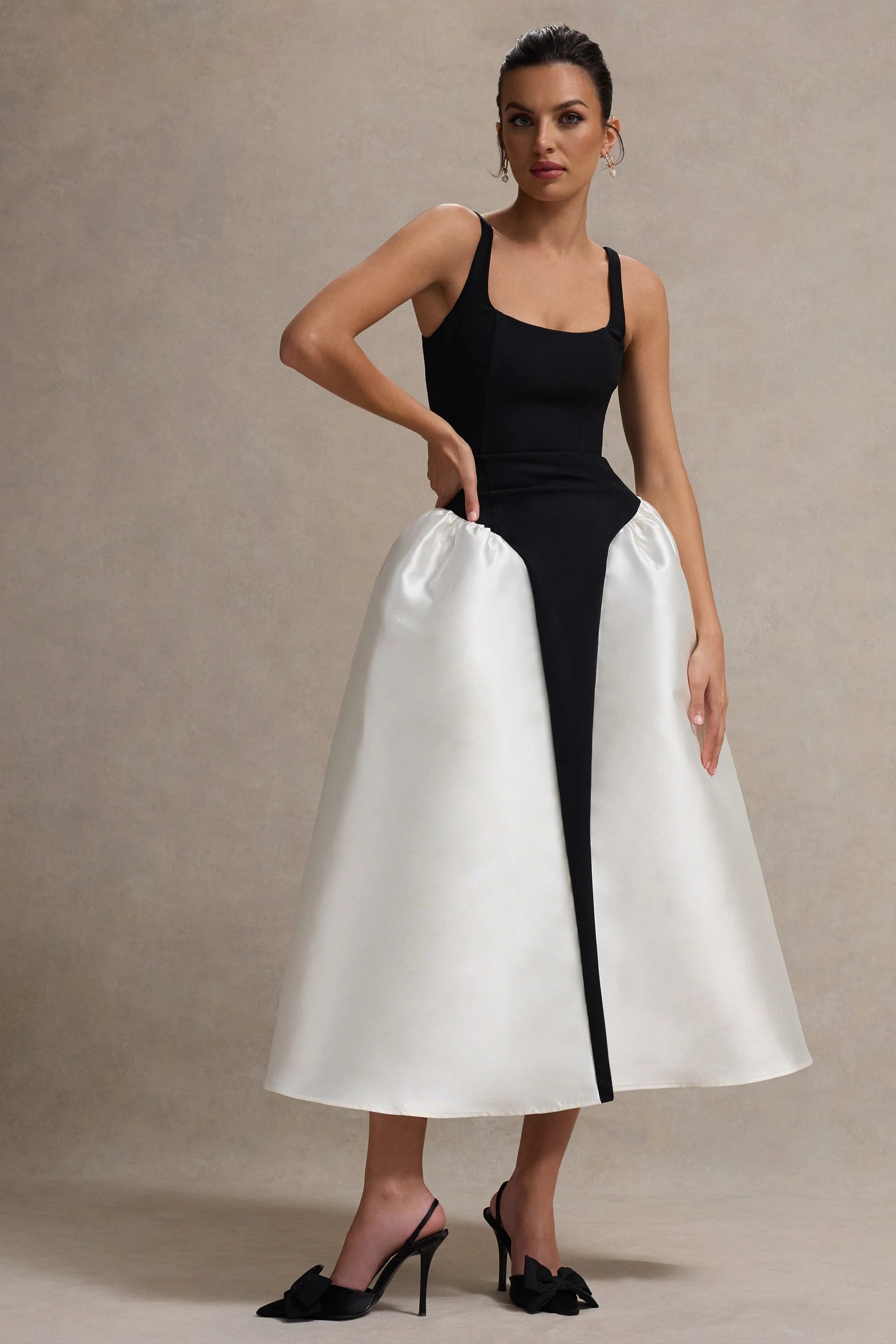 Christie Black and Cream Scoop Neck Midi Dress With Volume Skirt