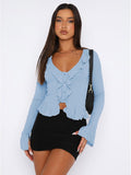 Women Going Out Tops Ruffle Trim Button Front V Neck Flared Sleeve Shirt Y2k Crop Top