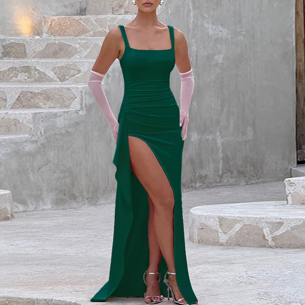 Women Formal Dresses Sleeveless Bodycon Ruched High Slit Sexy Maxi Dress Cocktail Prom