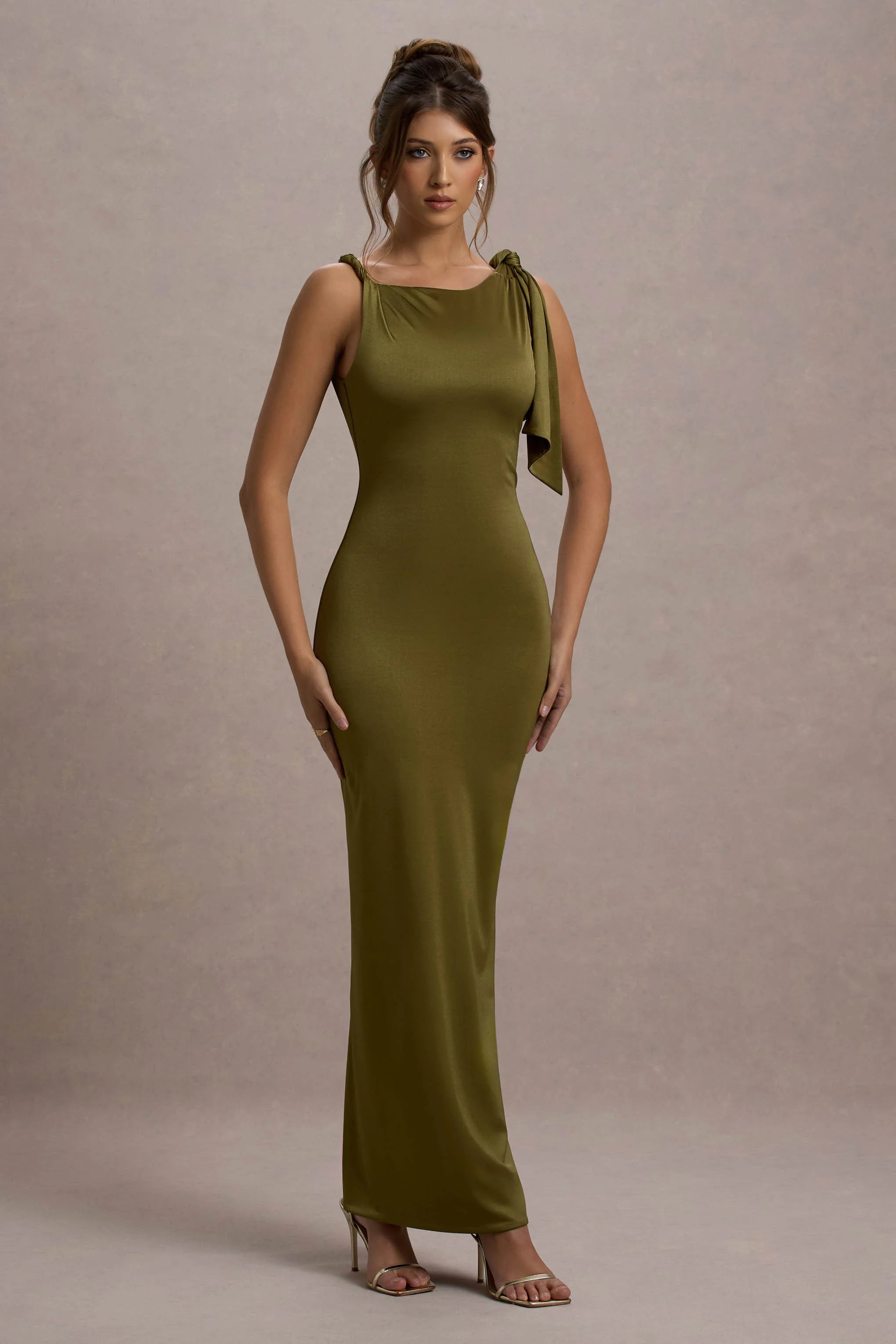 Kacey Olive Twisted Knot Maxi Dress