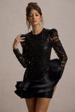 Myka Black Sequin Long Sleeve Ruffle Hem Mini Dress