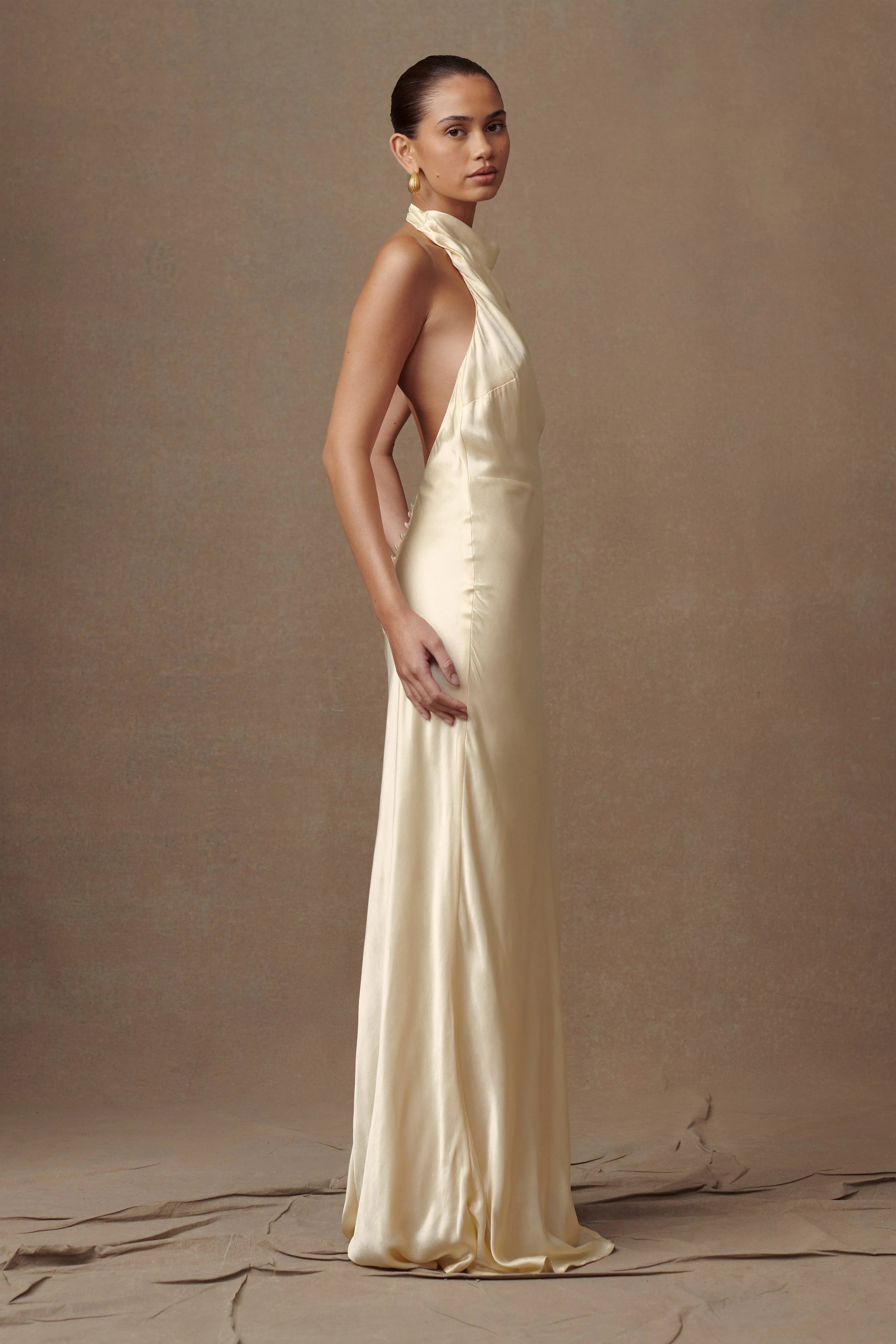 Esther Iridescent Satin Cowl Maxi Dress Lemon Sorbet
