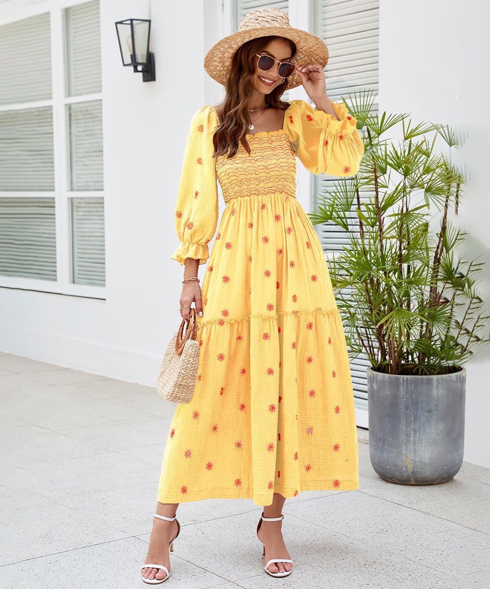 Women Floral Embroidered Maxi Dress Long Puff Sleeve Square Neck Bohemian Flowy Dress with Pockets Summer Fall