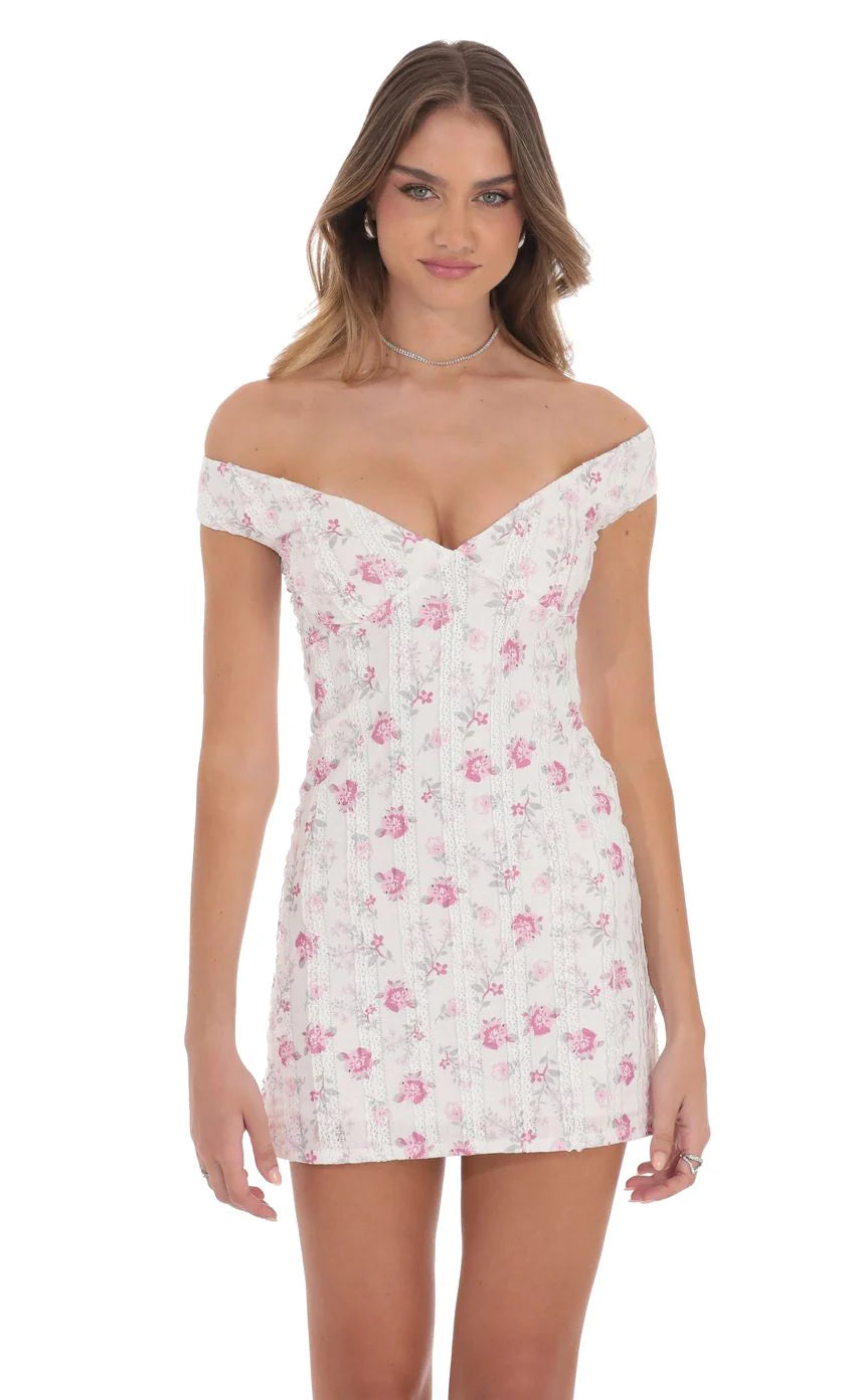 Off Shoulder Lace Floral Dress in White