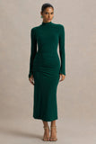 Cassandra Bottle Green High Neck Long Sleeve Midi Dress