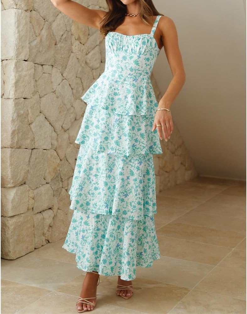 Women Floral Maxi Dress Sleeveless Bow Back Tiered Boho Flowy Long Dresses Summer Fall