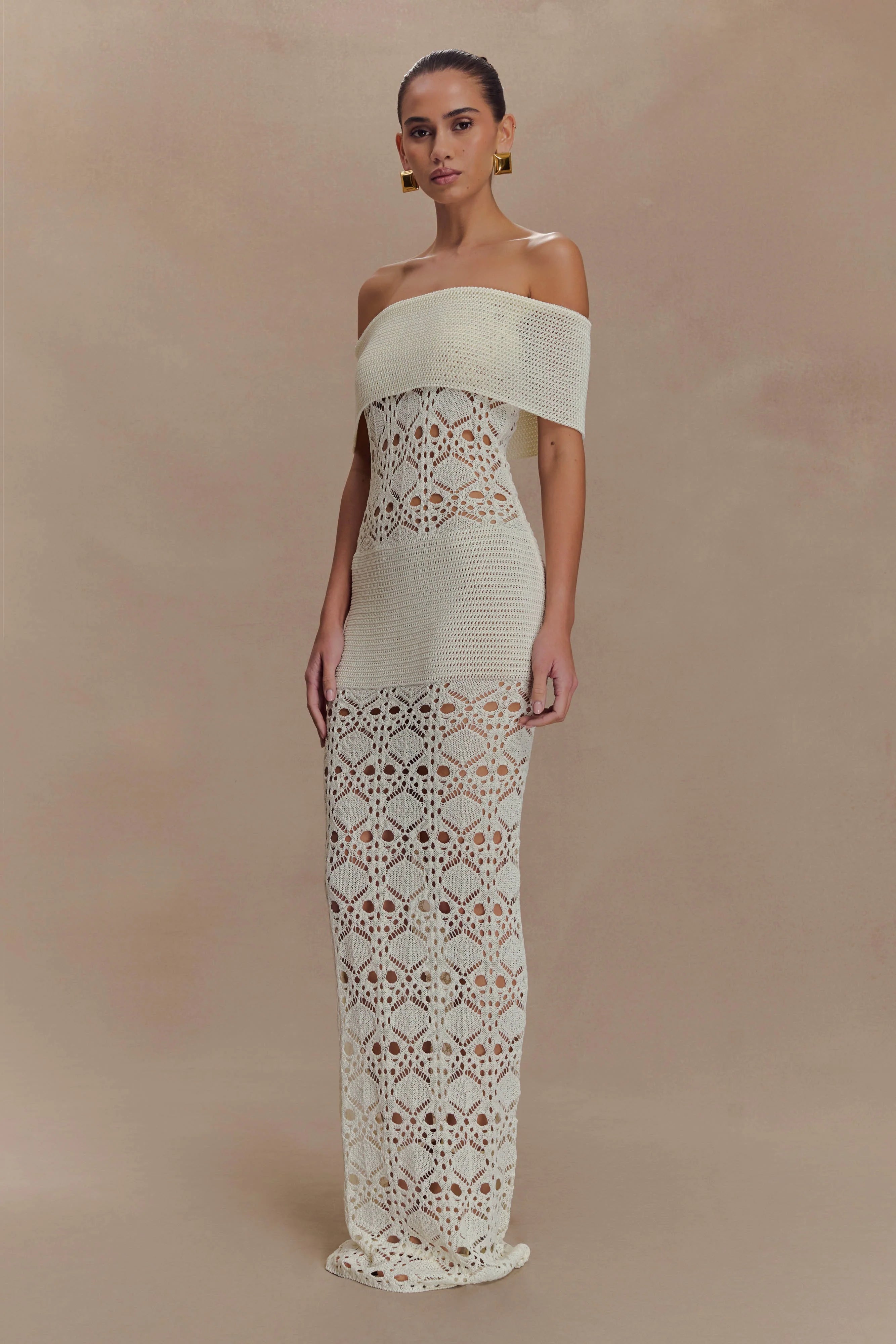 Solstice Off Shoulder Crochet Knit Maxi Dress Ivory