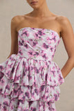 Swirl Cream Floral Print Bandeau Puffball Mini Dress With Ruffle Detail