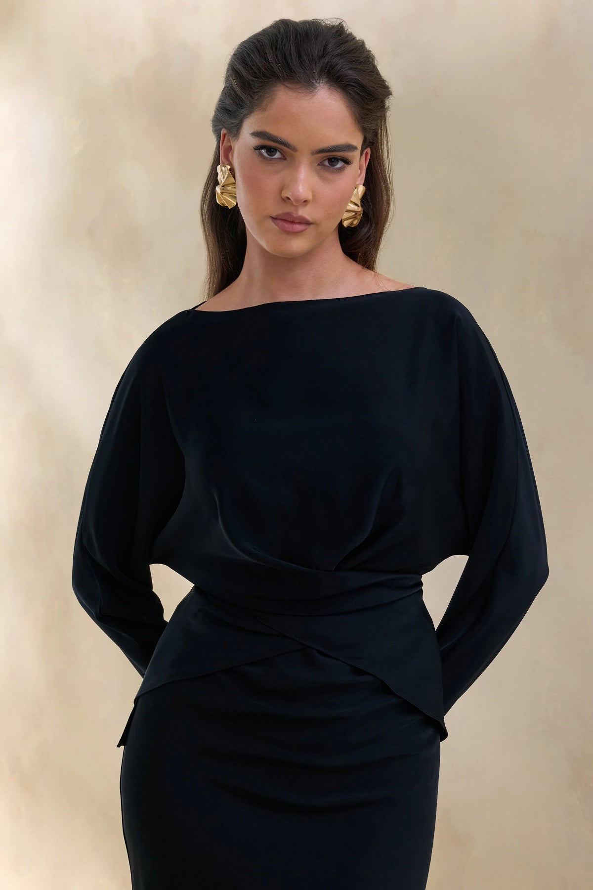 Miravia Black Satin Wide Neck Long Sleeve Top