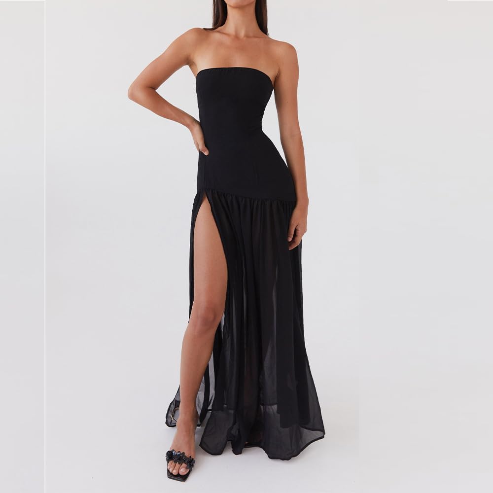 Women Tube Top Dress Tiger Stripe Mesh Patchwork Maxi Dress Strapless Sexy High Slit Long Dresses Beach Vacation
