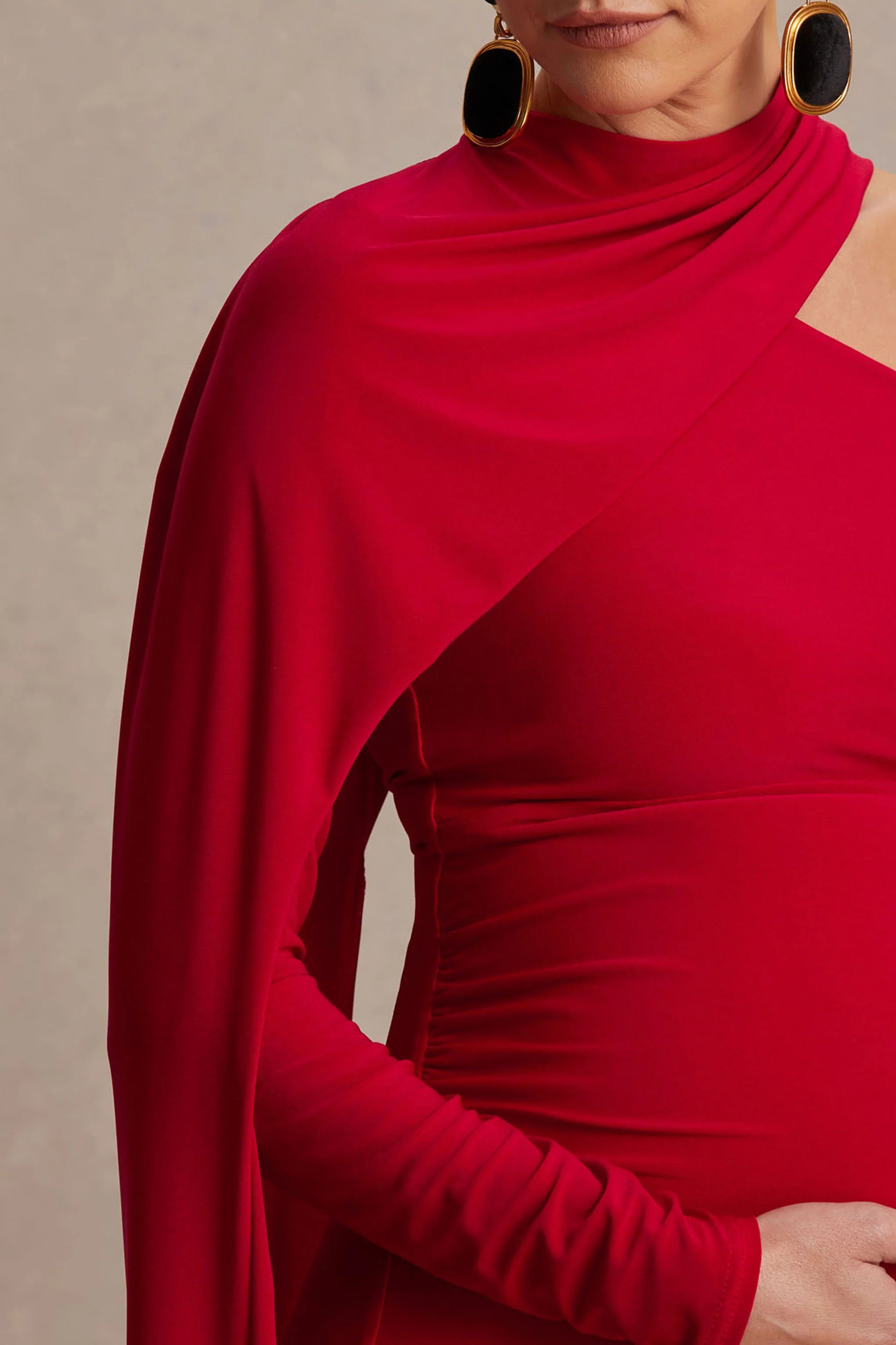 Tessy Red Asymmetric Neck Maternity Maxi Dress With Cape Sleeve