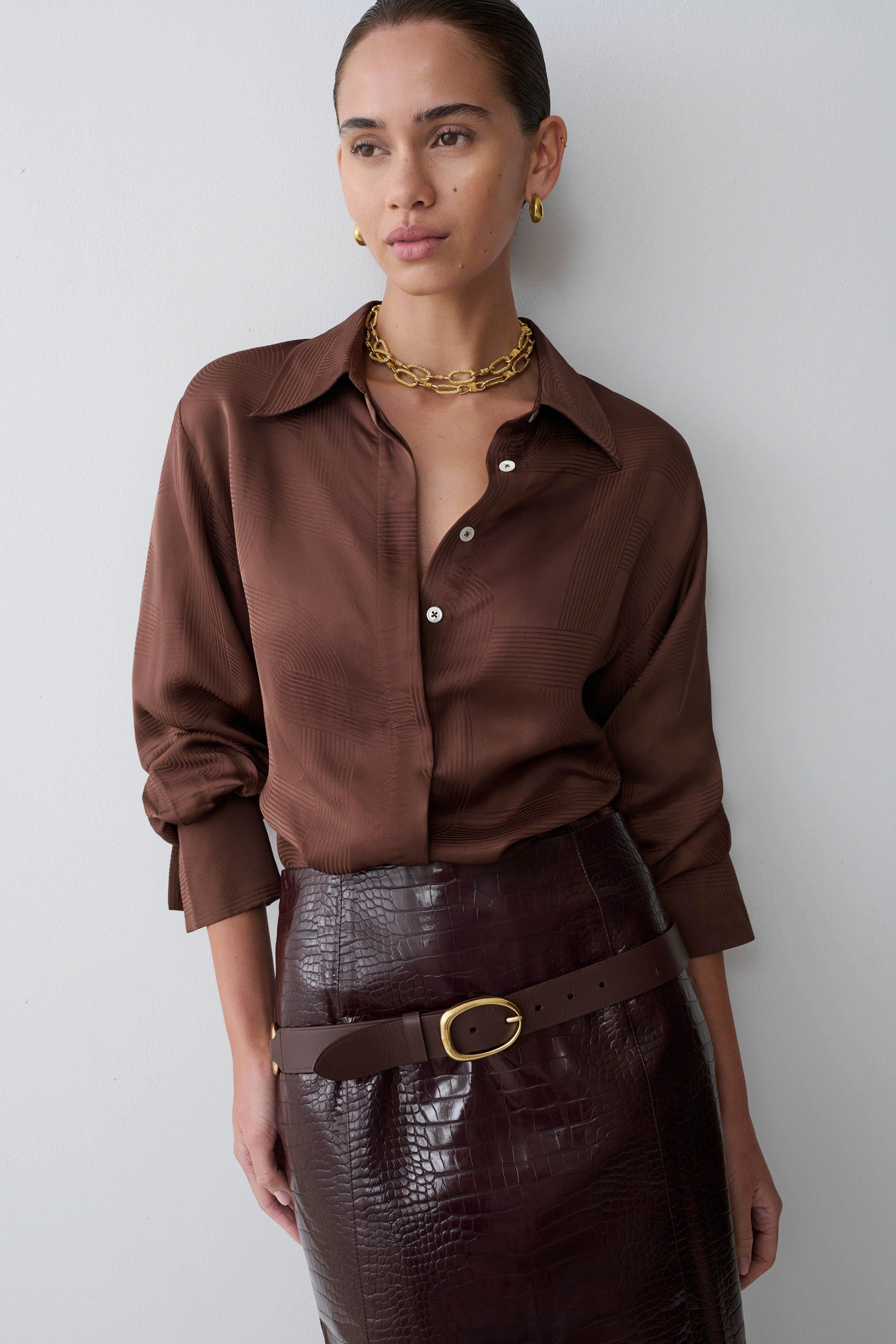 Gia Long Sleeve Satin Shirt Chocolate