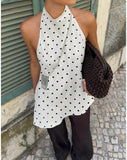 Women Polka Dot Satin Halter Top Backless Side Slit Tank Tops Going Out Clubwear