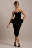 Sarifa Black Velvet Strapless Corset Midi Dress With Ruffle Peplum