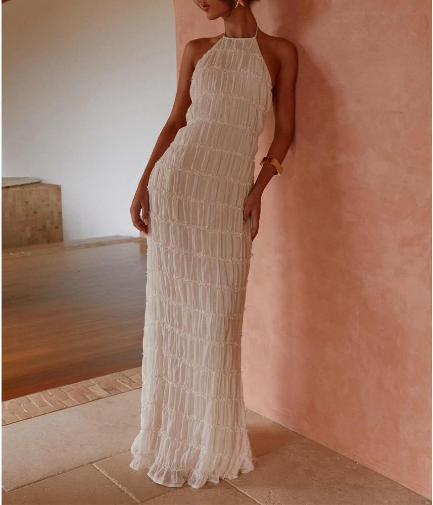 Women Backless Dress Sleeveless Textured Halter Open Back Maxi Dresses Vacation Wedding Guest