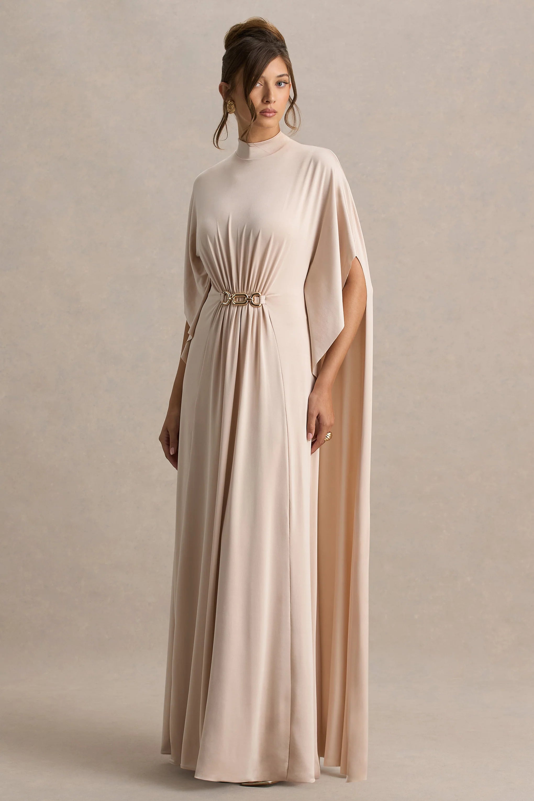 Olessia Champagne Belted Gathered Cape Sleeve Maxi Dress