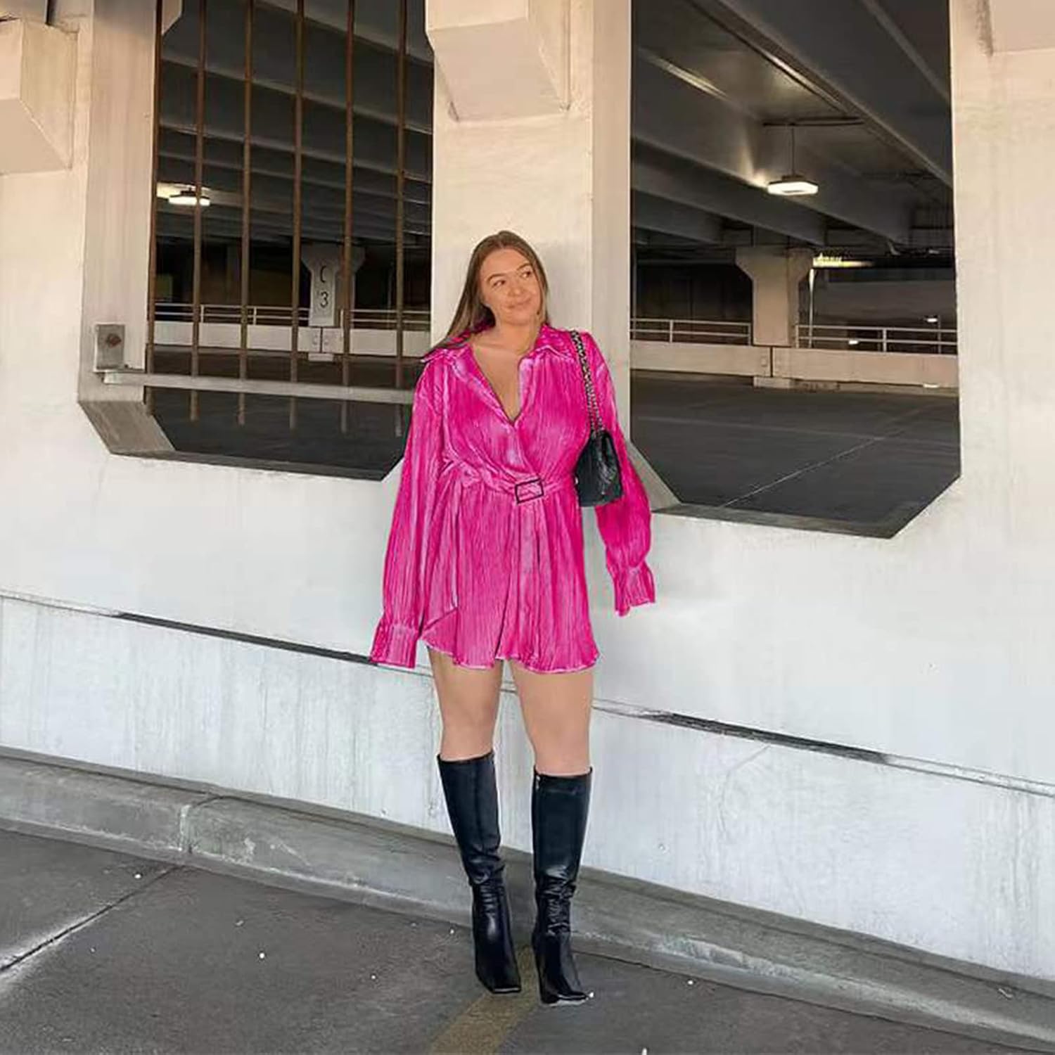 Women Shirt Dresses Long Sleeve Pleated Mini Dress Casual Button Down Tunic Tops with Belt Vintage Streetwear