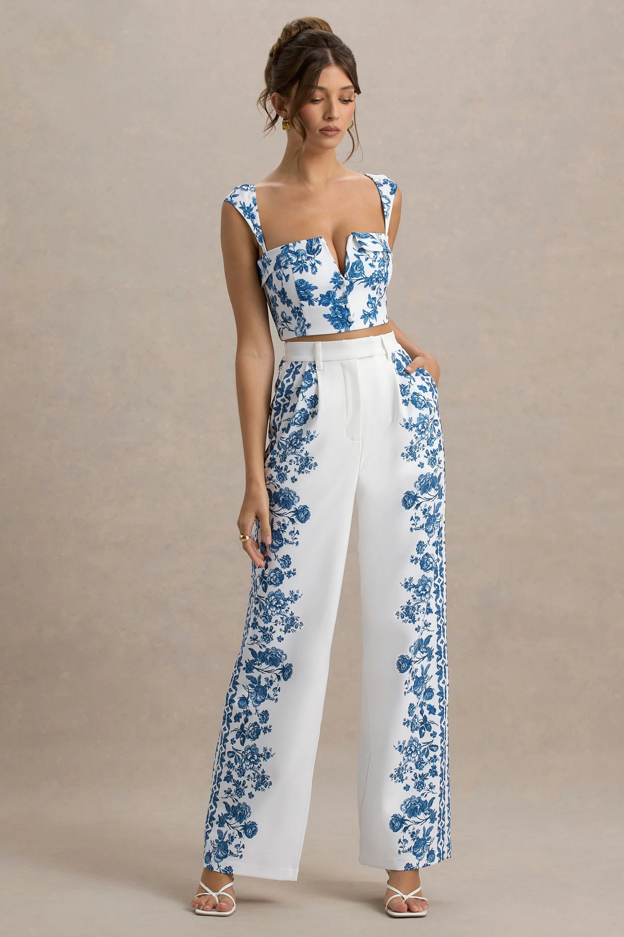 Zelie Blue Porcelain Print Wide Leg Trousers