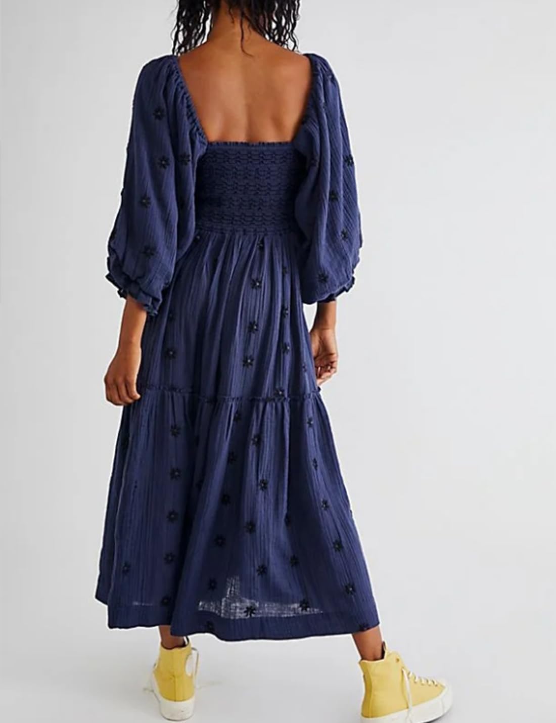 Women Floral Embroidered Maxi Dress Long Puff Sleeve Square Neck Bohemian Flowy Dress with Pockets Summer Fall