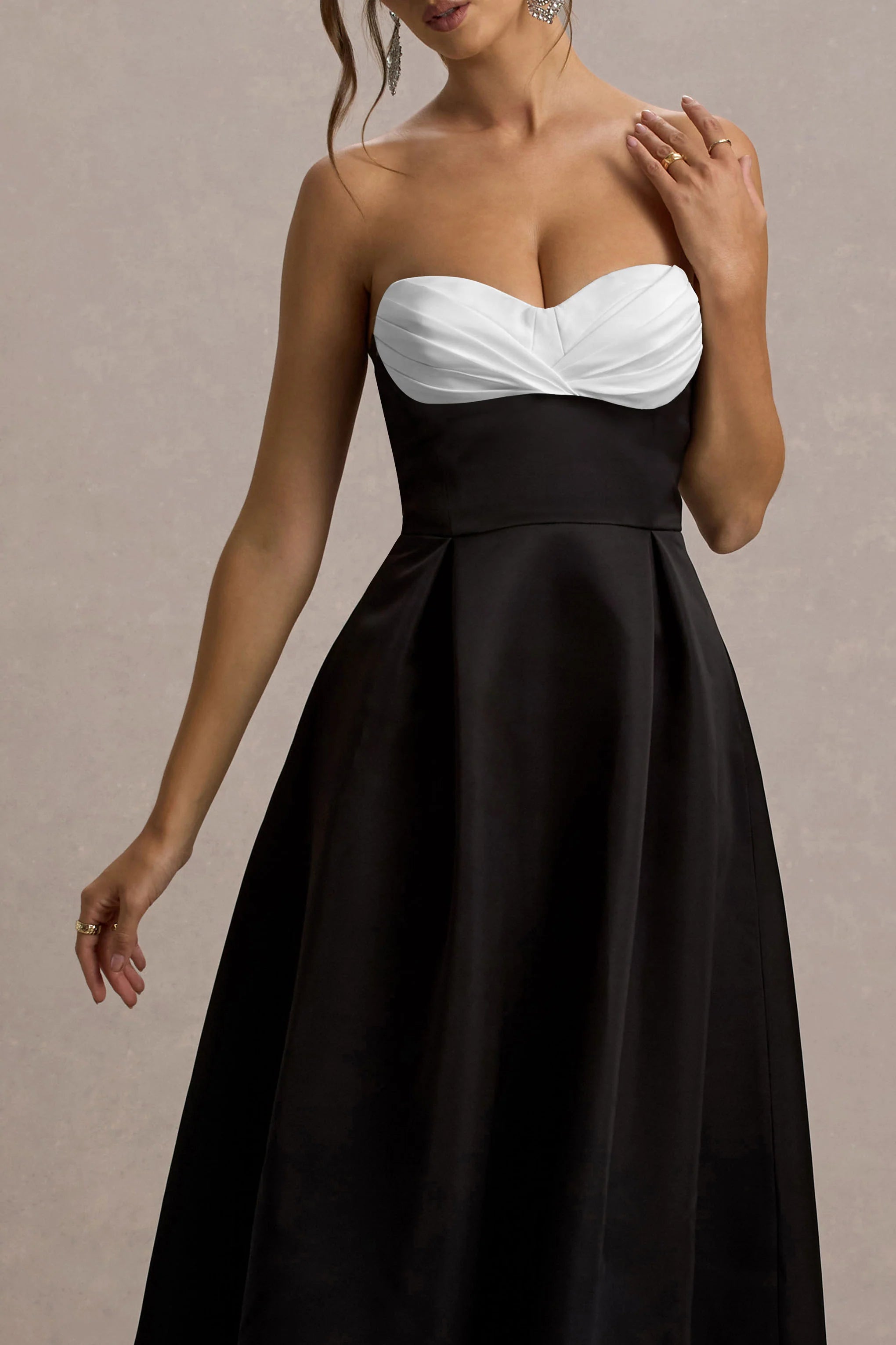 Wintour Black Satin Sweetheart Midi Dress