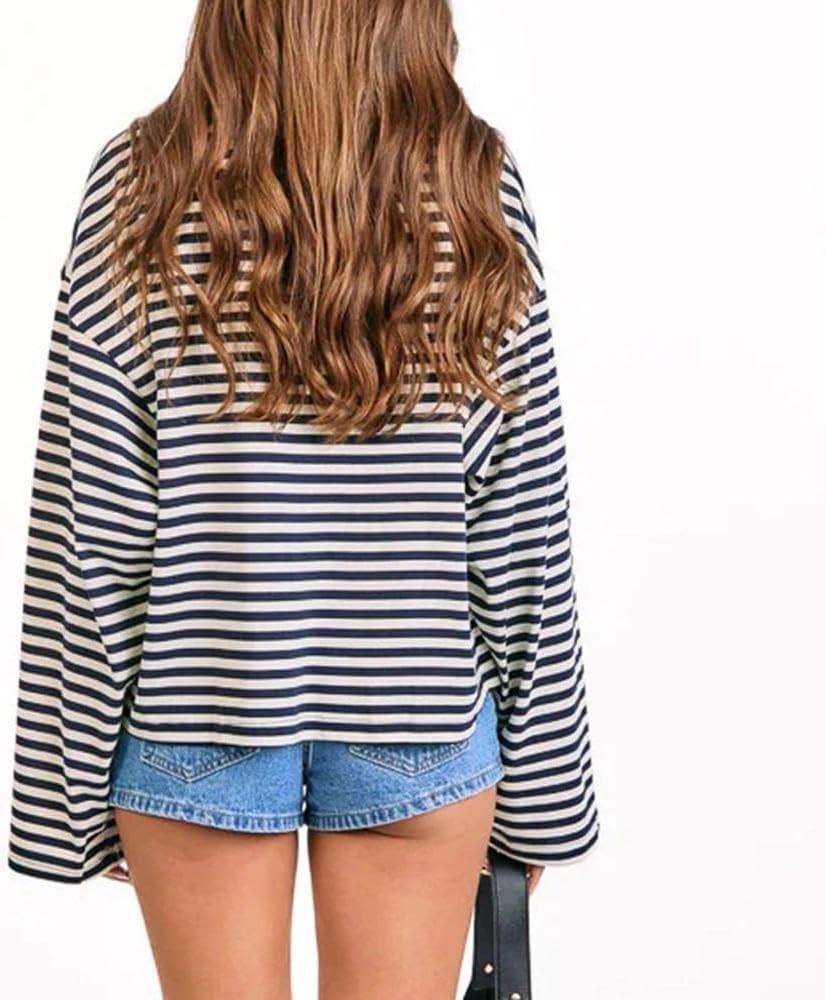 Women Striped Long Sleeve Shirt Crewneck Cropped Pullover Top Fall Winter Vintage Sweatshirt Streetwear