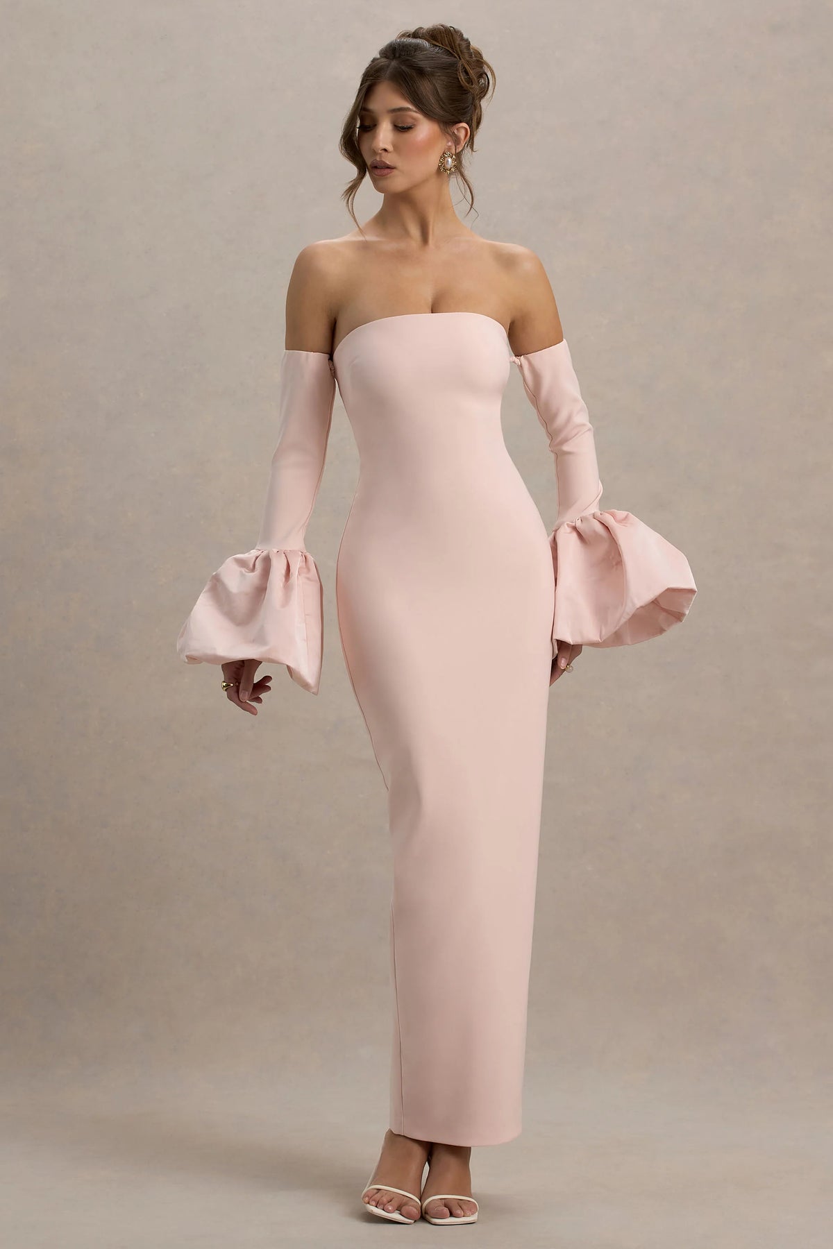 Myah Pink Bandeau Long Sleeve Maxi Dress With Puff Cuffs
