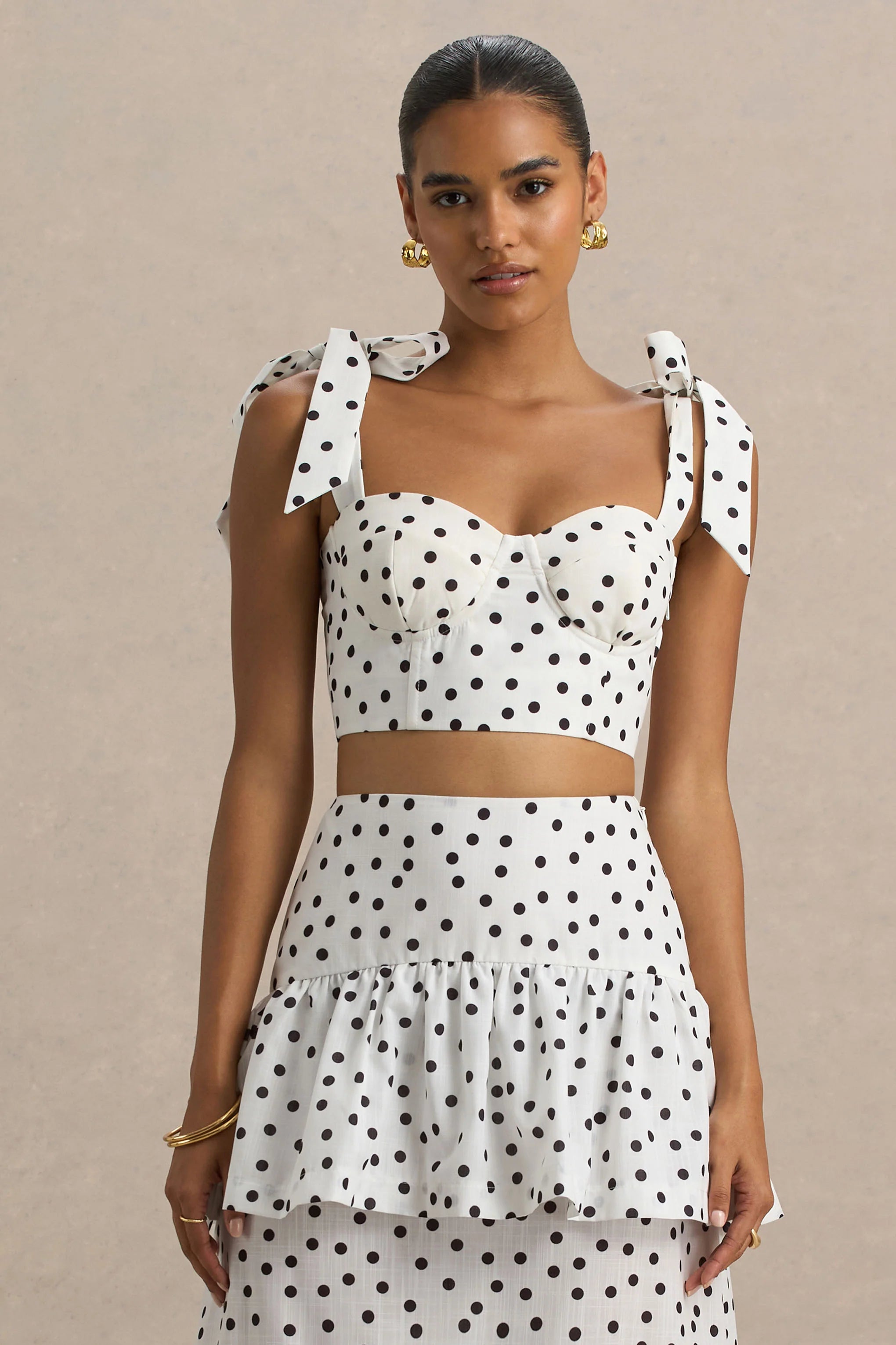Lumen White Polka Dot Corset Sweetheart Top With Bow Straps