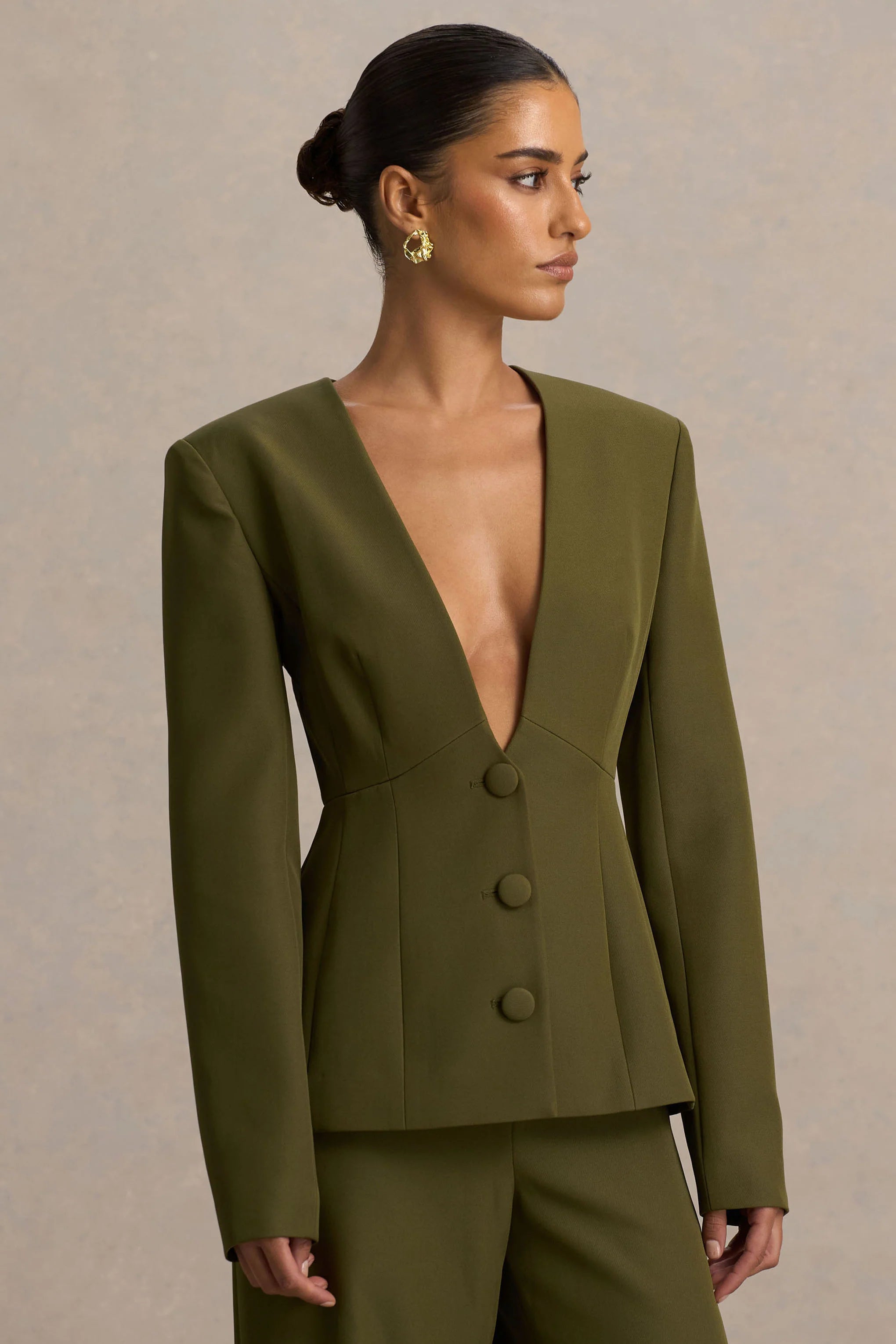 Rosalina Olive Extreme Plunge Neck Tailored Blazer