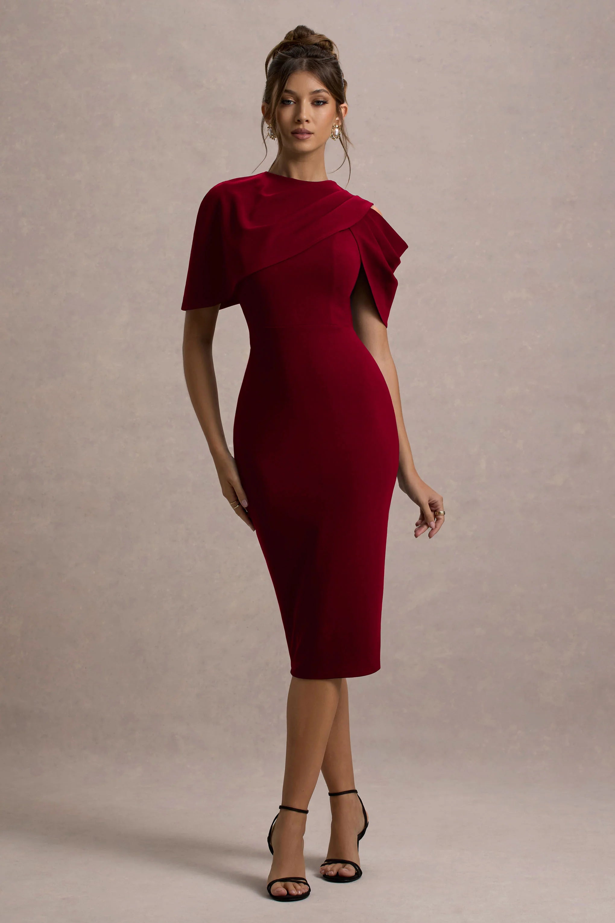 Dorothea Berry Draped Midi Dress With Cape