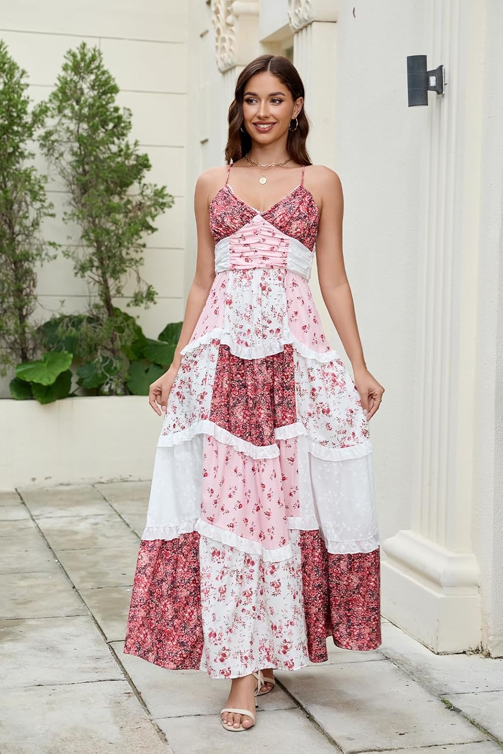Women Floral Maxi Dress Spaghetti Straps V Neck Patchwork Flowy Boho Sundress Tiered Long Dresses