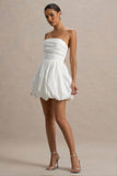 Faye White Puff Ball Bandeau Micro Mini Dress With Ruching Details