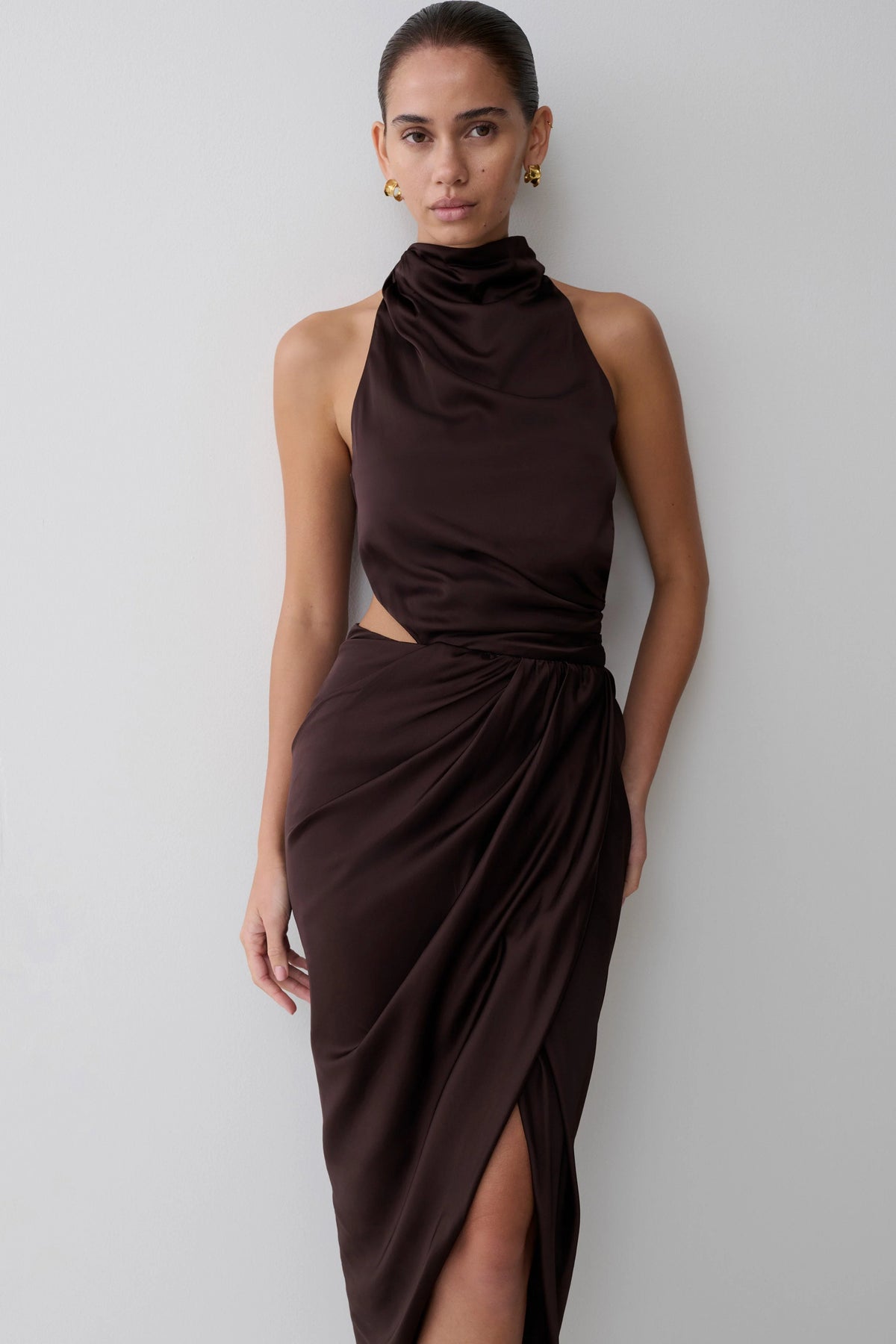 Aveline Draped Halter Midi Dress Dark Chocolate