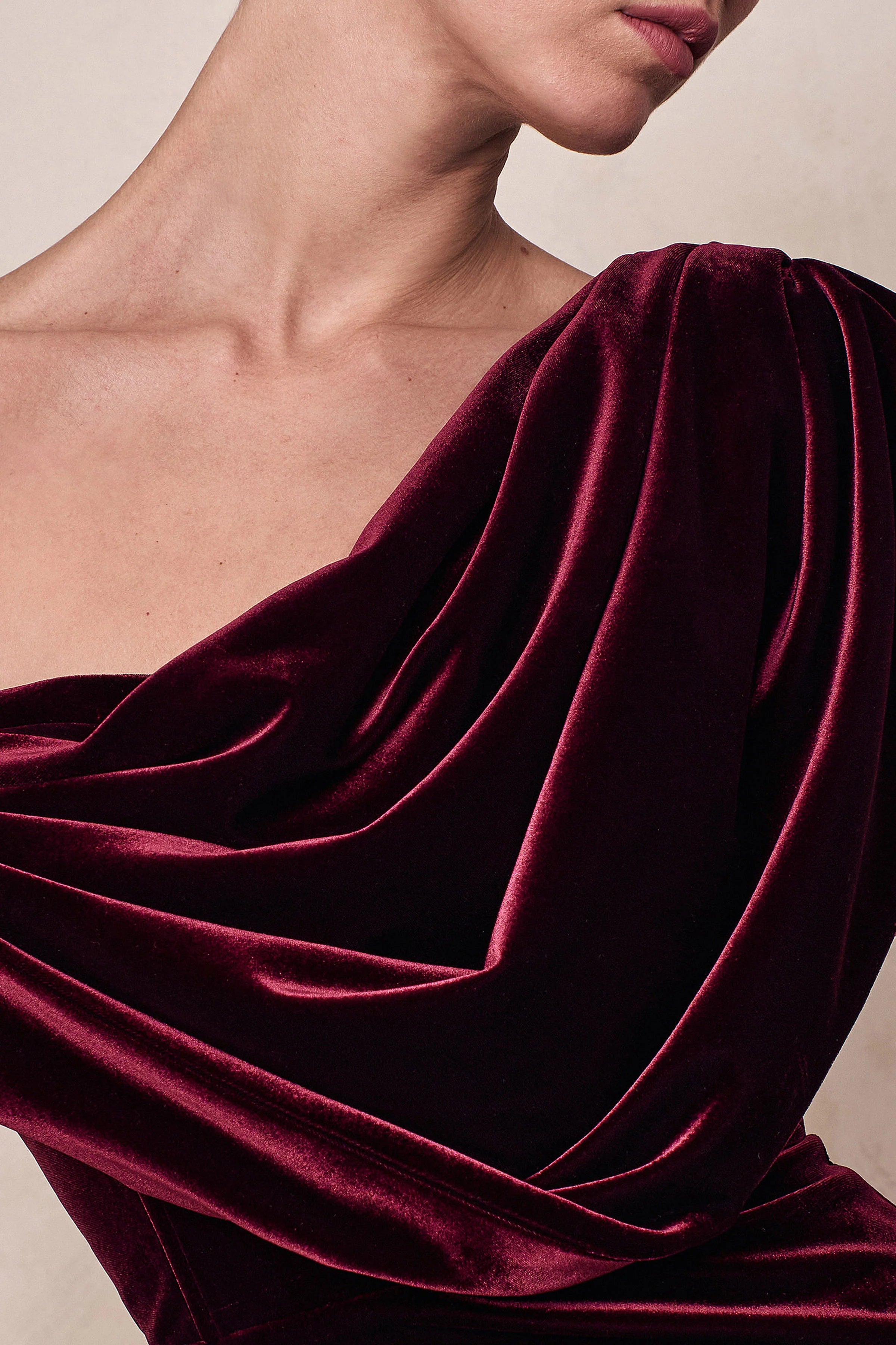 High End Burgundy Velvet Asymmetric Neck Midi Dress With Draped Detailing